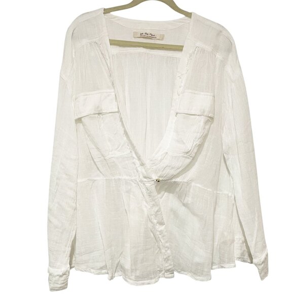 Women's Free People White Sheer Deep V Safari Wrap Long Sleeve XL Beachy Coastal - Picture 2 of 11